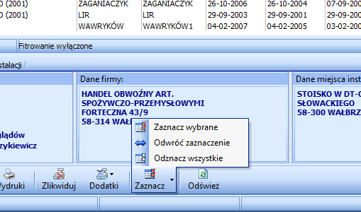 Dodatkowe, pomocnicze menu seryjnego zaznaczania lub odznaczania kas