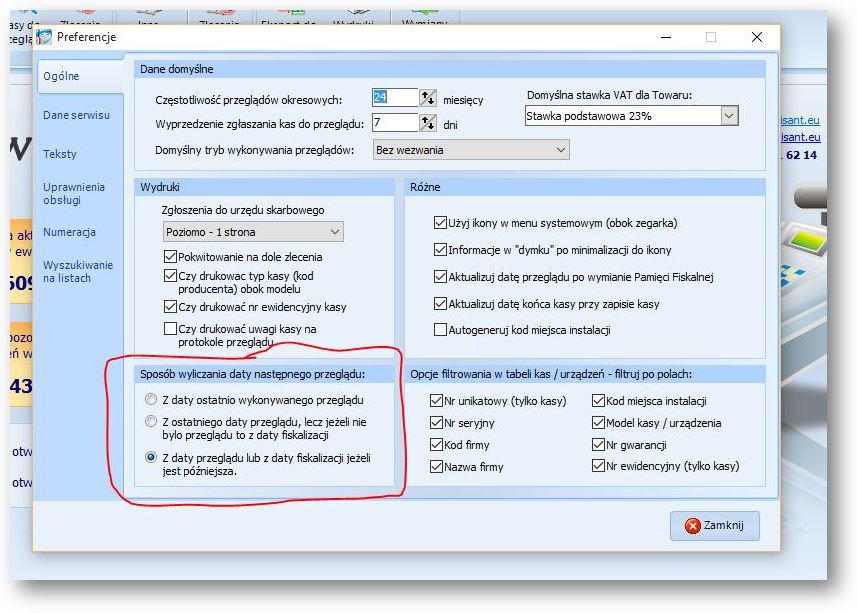Rys. 2. Jeden rodzaj programu Serwisant opcje wyliczania nast przegl