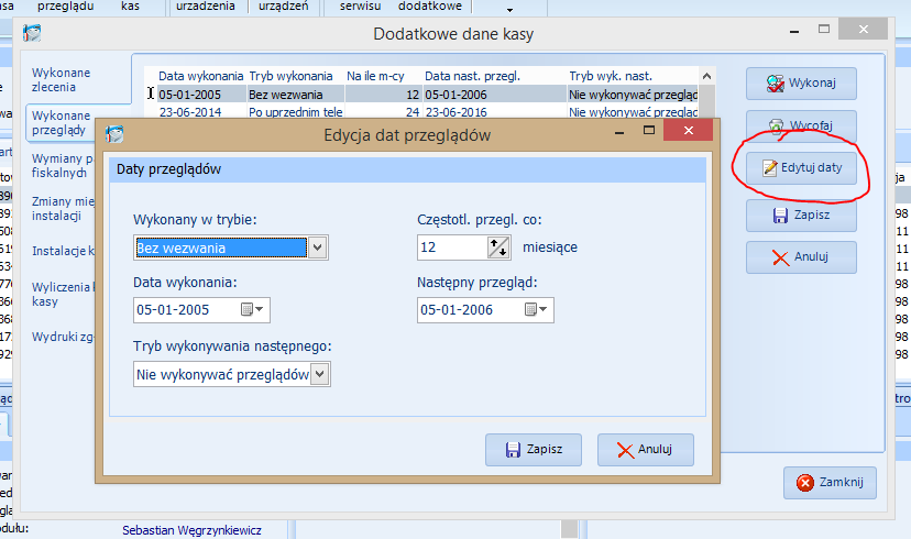 Rys. 4. Okno transferu danych la EKKR dla ELZAB S.A. edutuj daty przegladow w historii