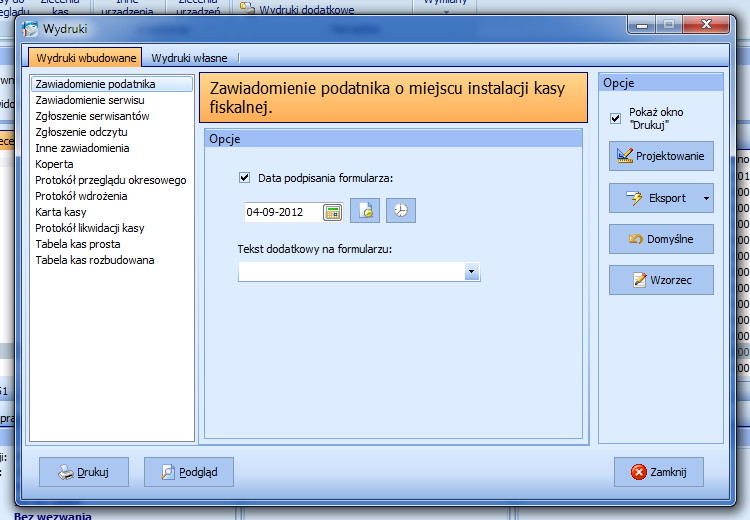 Nowe okno wydruków kas fiskalnych