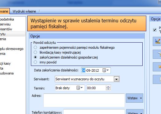 Powód odczytu - zakończenie działalności gospodarczej