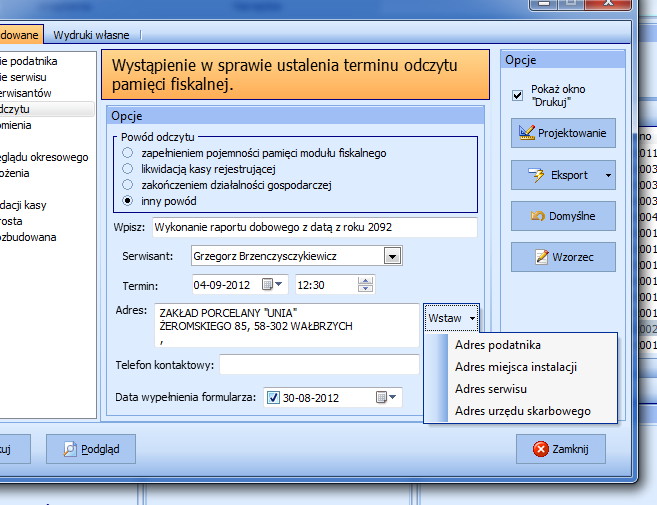 Półautomatyczne wstawianie adresu proponowanego miejsca wykonania odczytu.